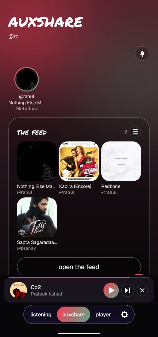 the auxshare page showing a friend listening now and a grid of recent songs