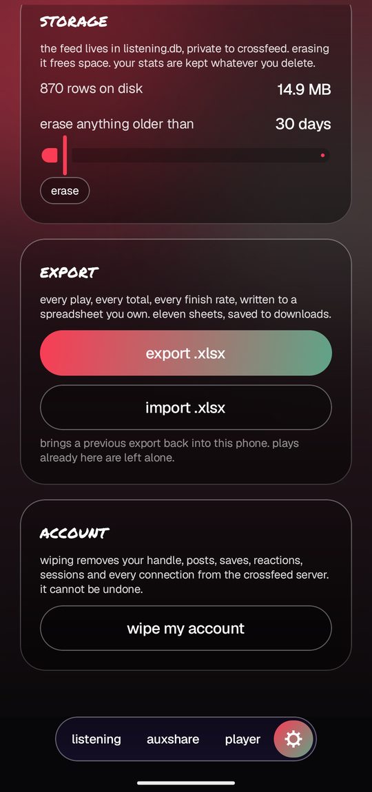 the storage and export cards in settings