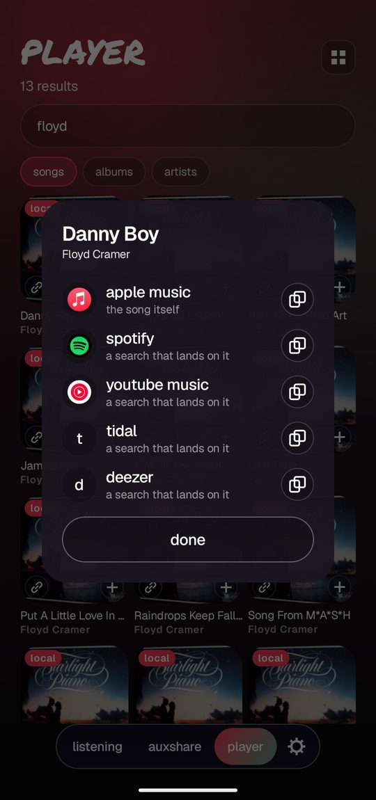 one song listed across apple music, spotify, youtube music, tidal and deezer, each with a copy button