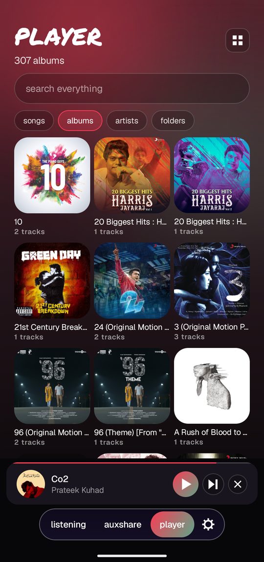 the player page showing 307 local albums as a grid of sleeves