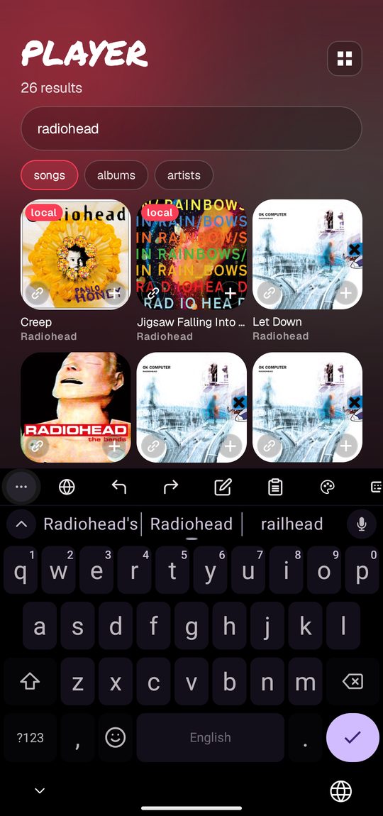 search results mixing songs from this phone with catalogue results