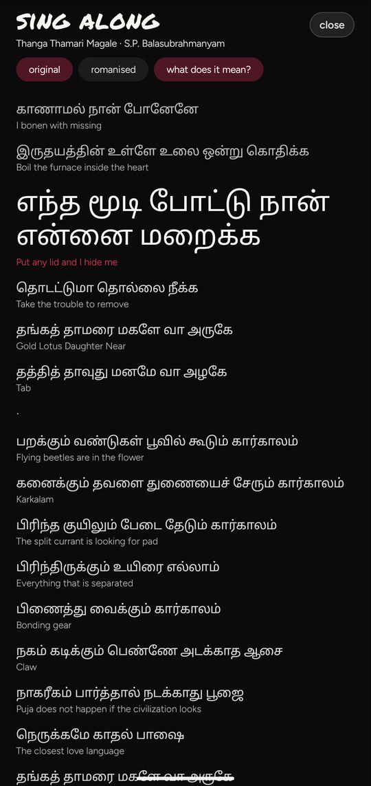 the same song with an english meaning under every line