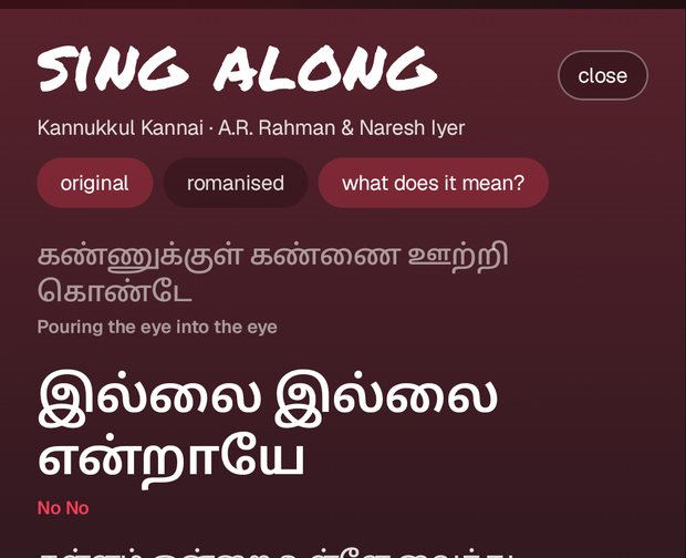 the sing along screen showing a tamil song with each line translated underneath